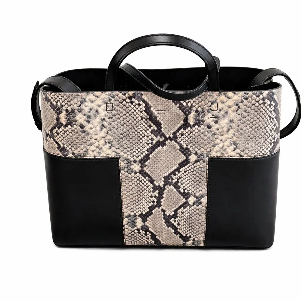 Tory Burch Block-T Triple Compartment Snake Embossed Leather Tote Black Satchel